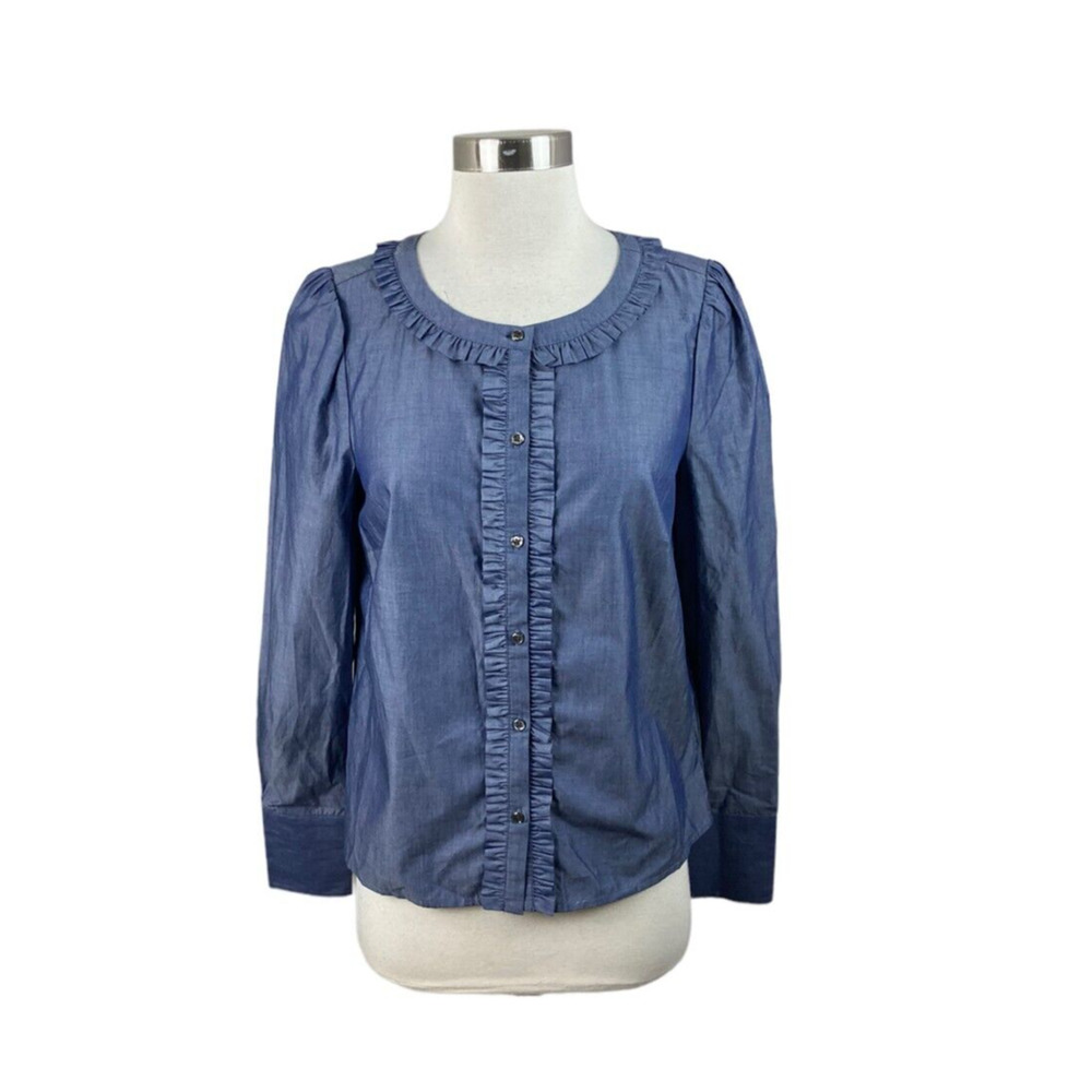 J. Peterman NEW Blue Chambray Ruffle Detail Long Sleeve Blouse Size Small